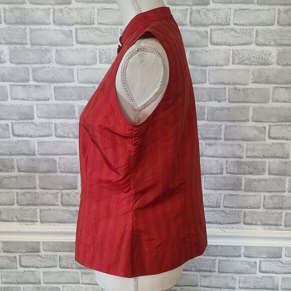 Amanda Smith Red Pure Silk Asian Button Down Striped Sleeveless Shirt Vest 8 - Picture 3 of 8